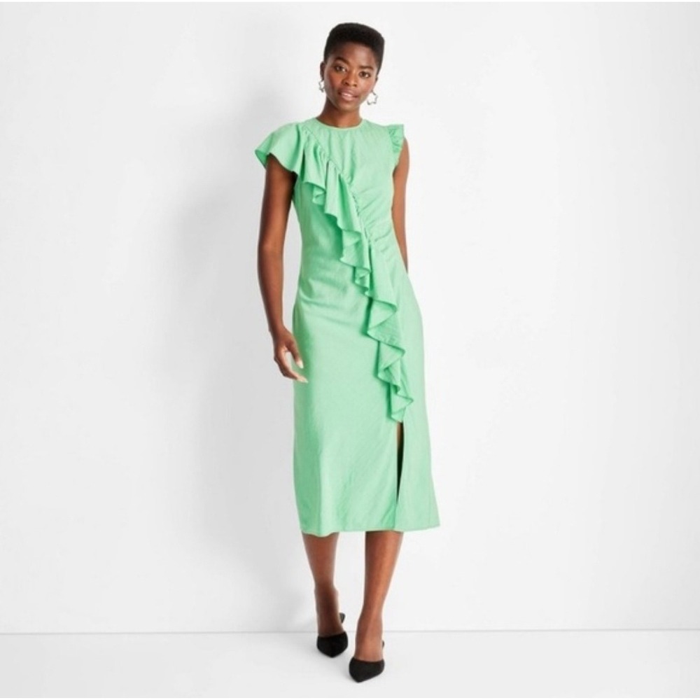 Future Collective NWT XS Mint Green Ruffle Front Midi Dress Sleeveless Side Slit